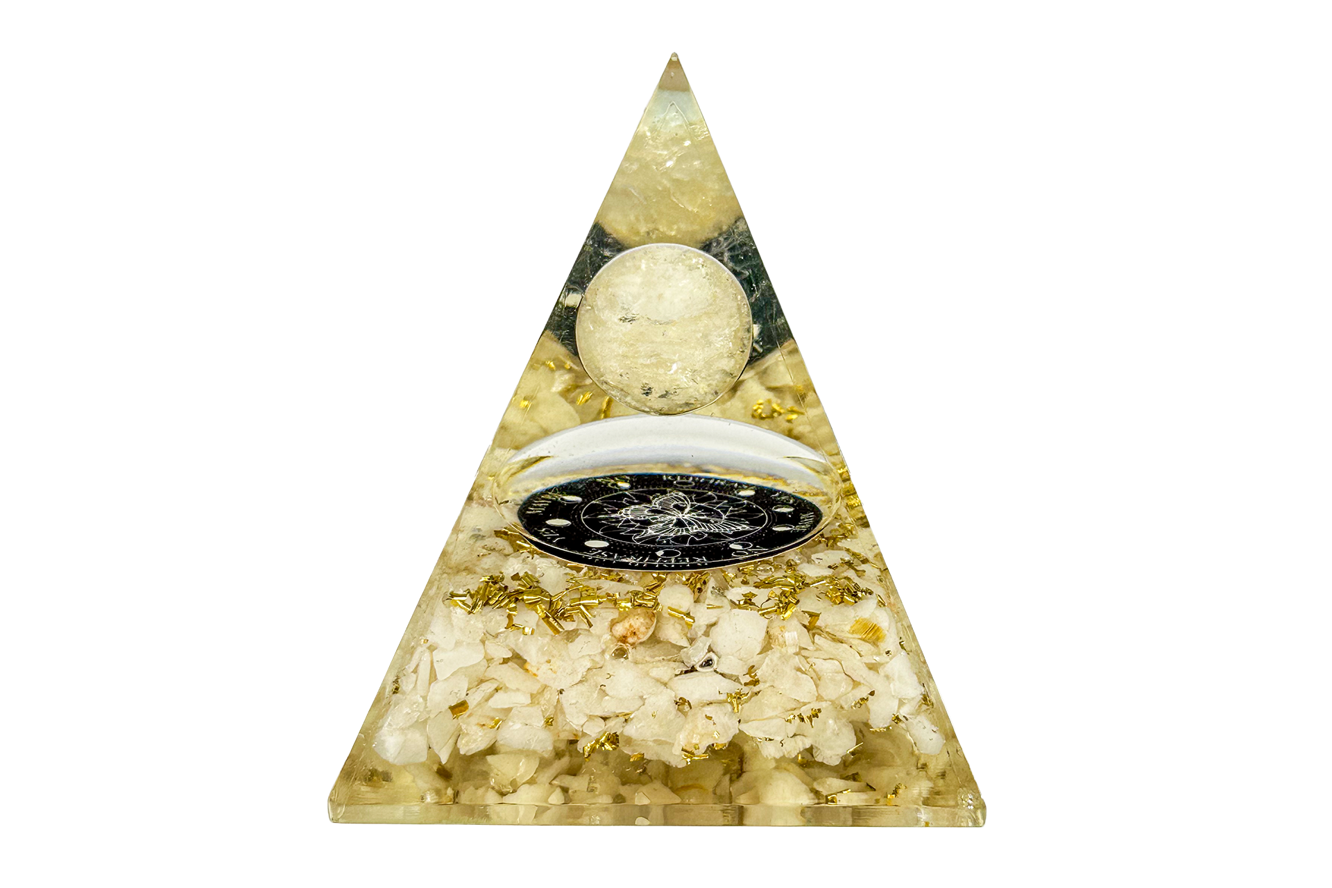 Clear Quartz Sphere Reiki Energy Charged Orgone Pyramid with Butterfly Pendulum Board Emblem Primal Chakra