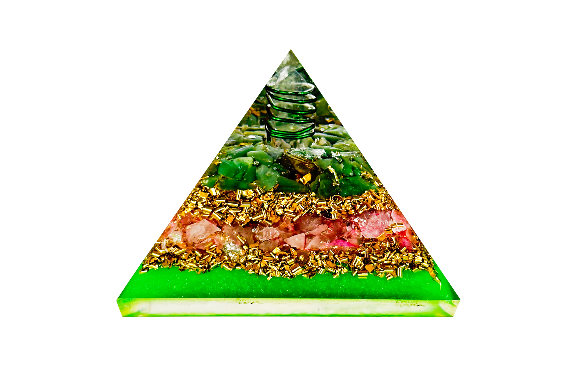 Layered Carnelian Rose Quartz and Green Aventurine Reiki Energy Charged Orgone Pyramid with Green Mica Powder Primal Chakra