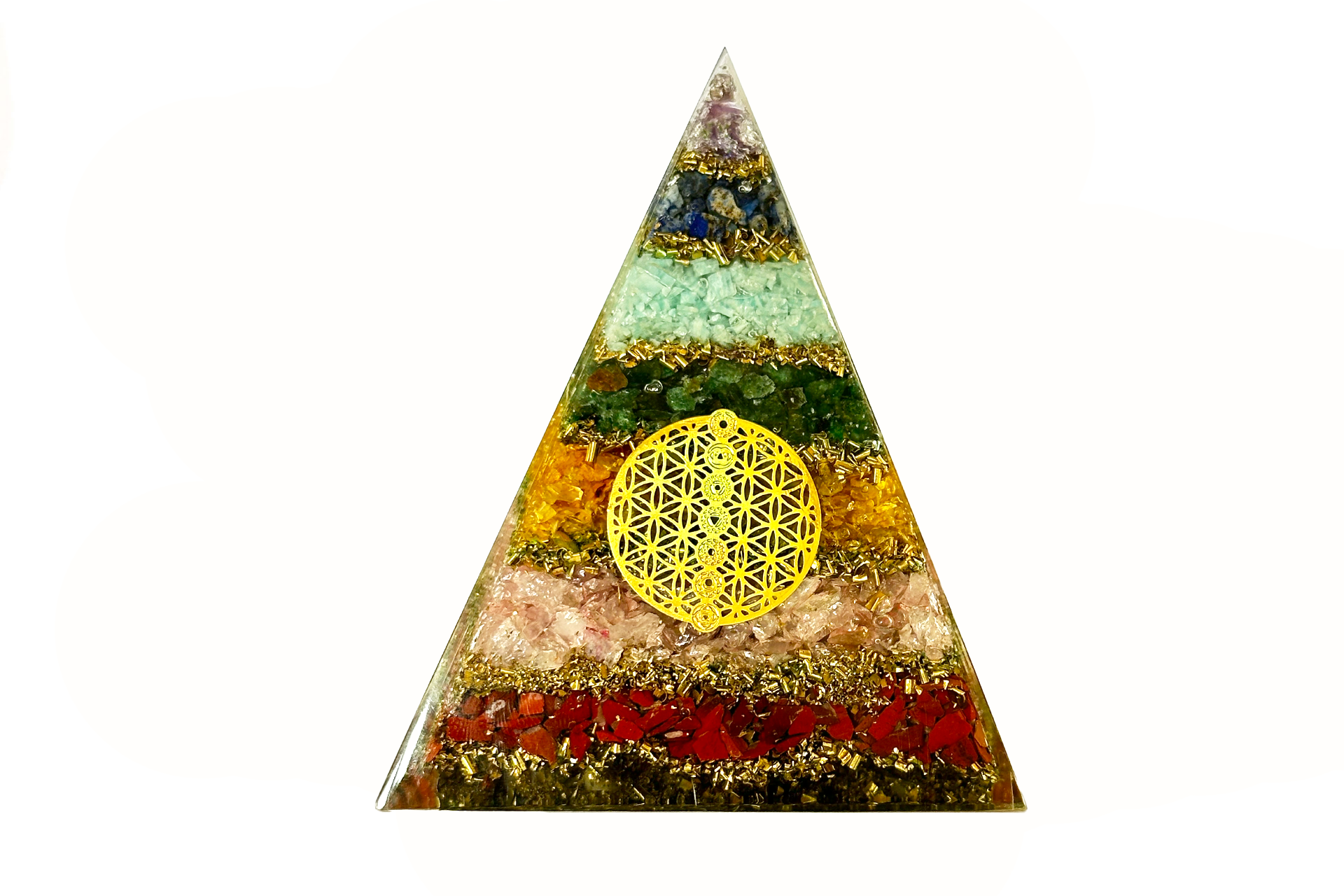 Large 7 Chakra Layered Reiki Energy Charged Orgone Pyramid with 7 Chakra Flower Of Life Emblem Primal Chakra