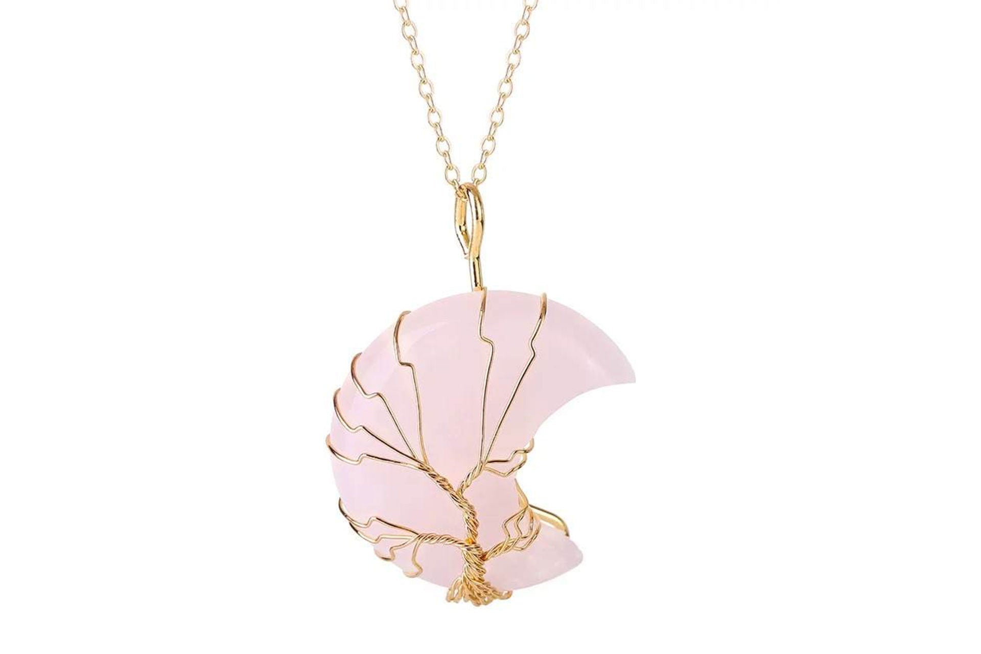Rose Quartz Crystal Crescent Moon Pendant with Gold Chain Primal Chakra
