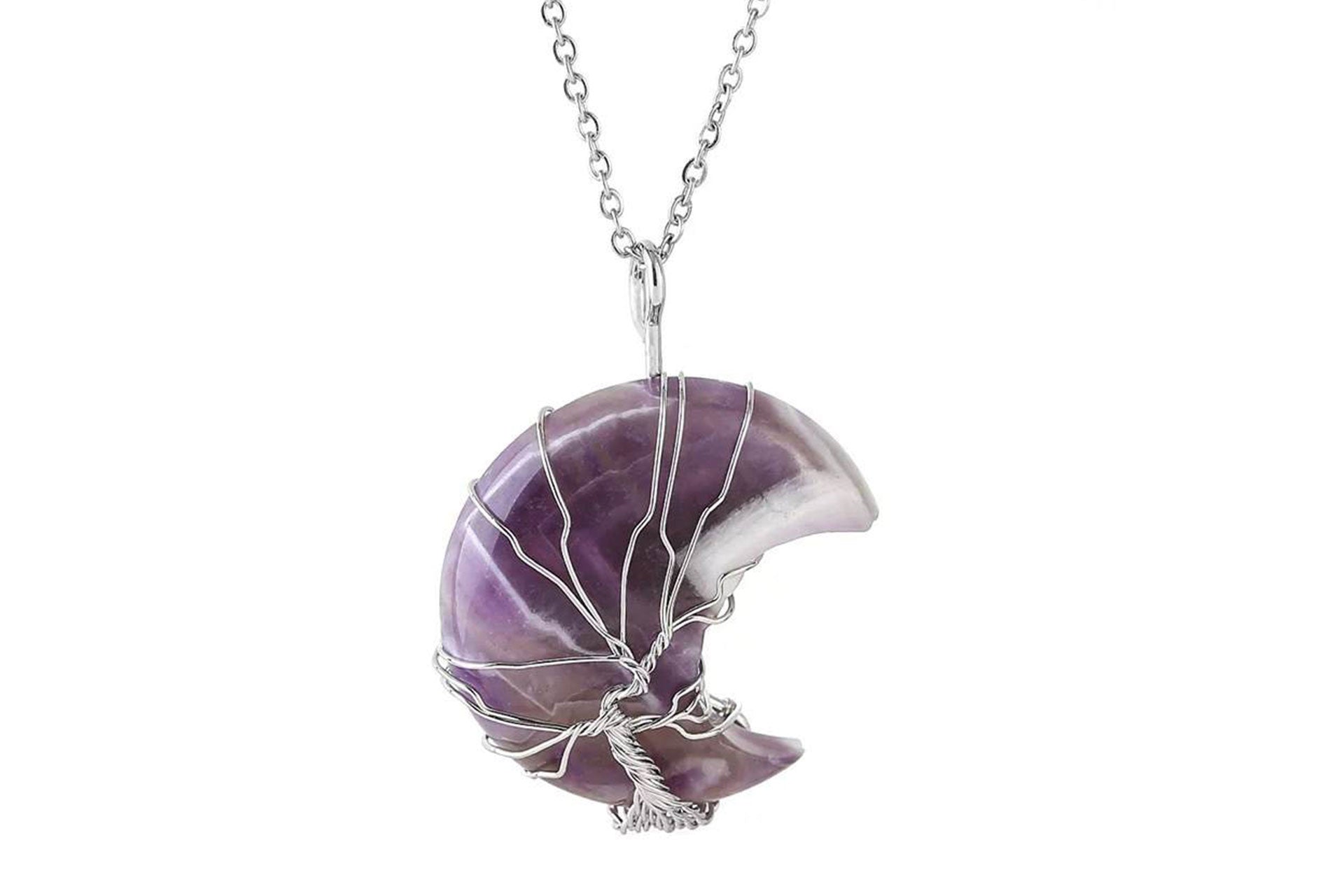 Amethyst Crystal Crescent Moon Pendant with Silver Chain Primal Chakra
