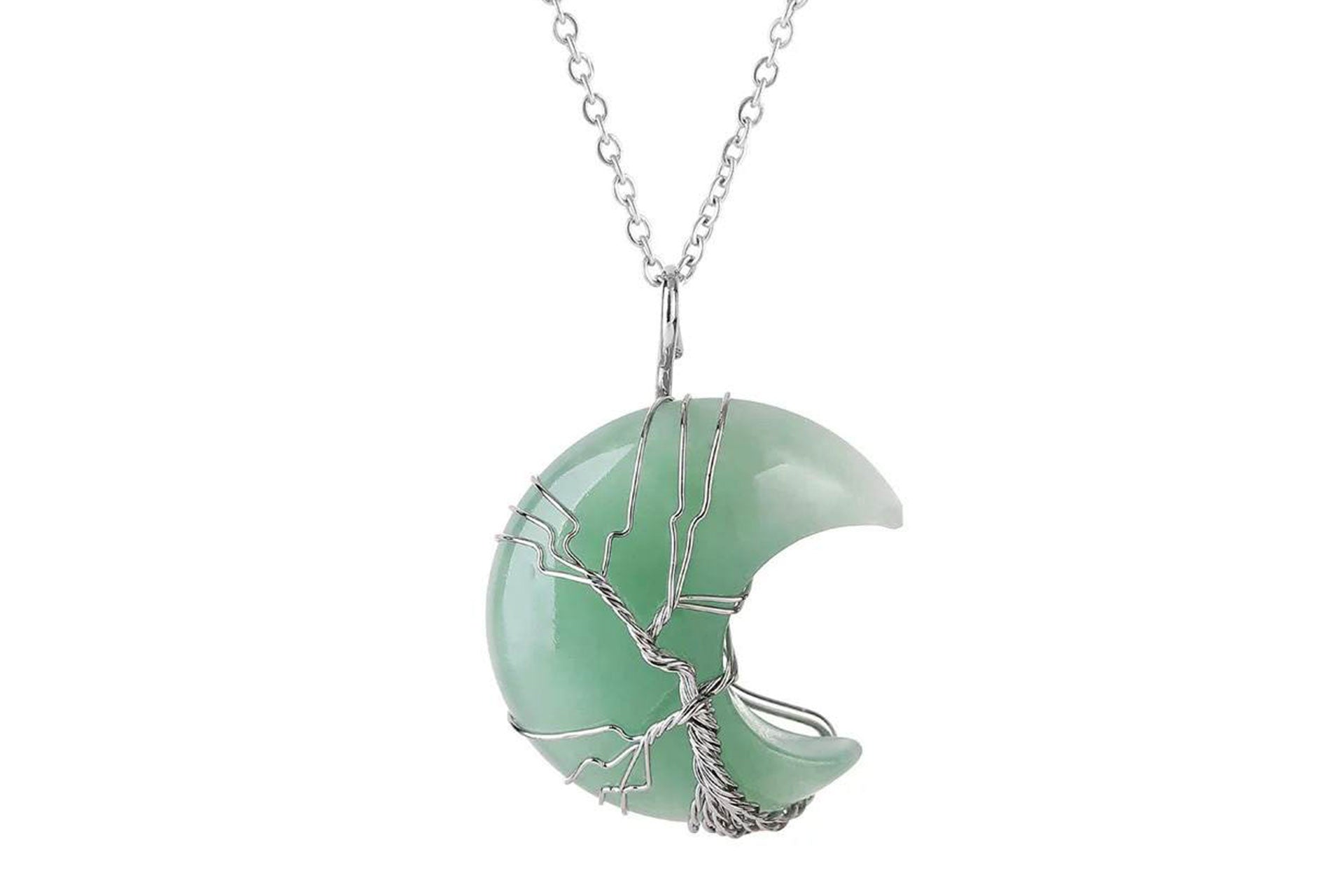 Green Aventurine Crystal Crescent Moon Pendant with Silver Chain Primal Chakra