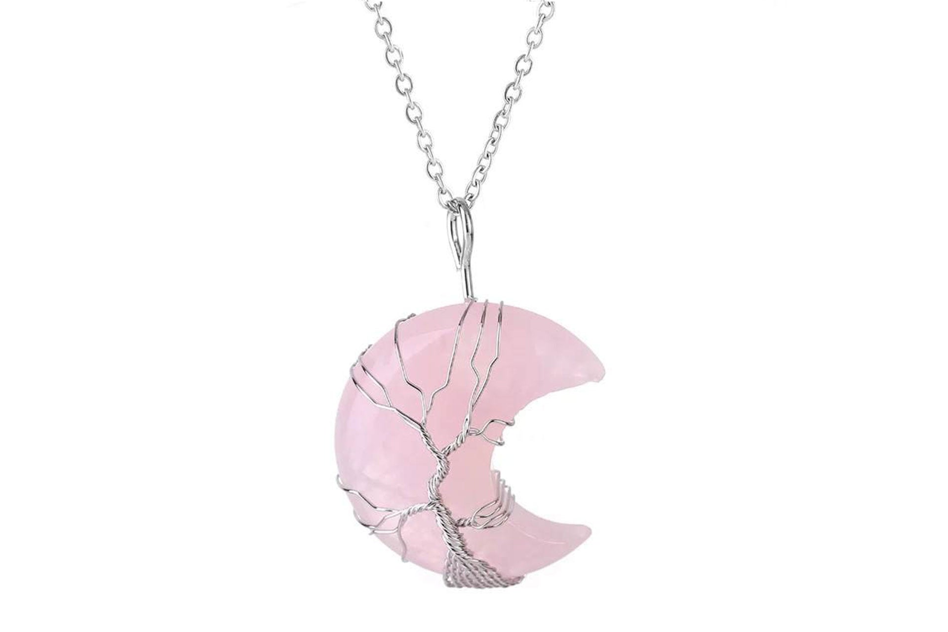 Rose Quartz Crystal Crescent Moon Pendant with Silver Chain Primal Chakra