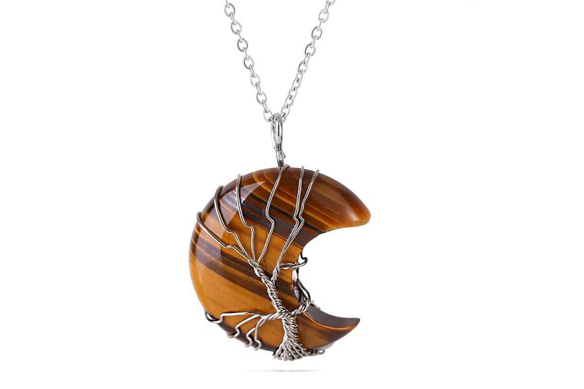 Tiger Eye Crystal Crescent Moon Pendant with Silver Chain Primal Chakra