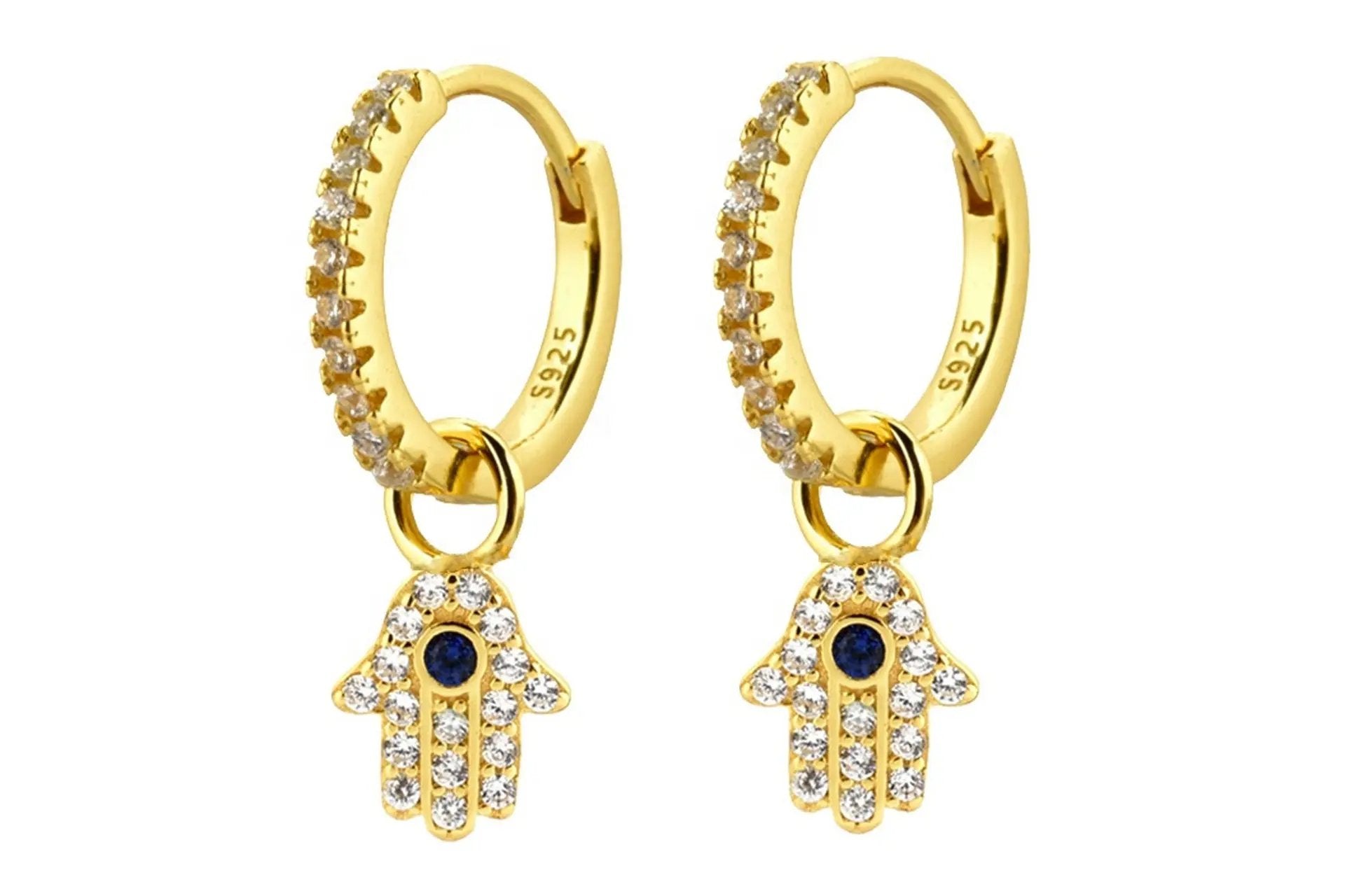 18K Gold Plated Hamsa Hand Drop Earrings With Blue Cubic Zirconia Primal Chakra