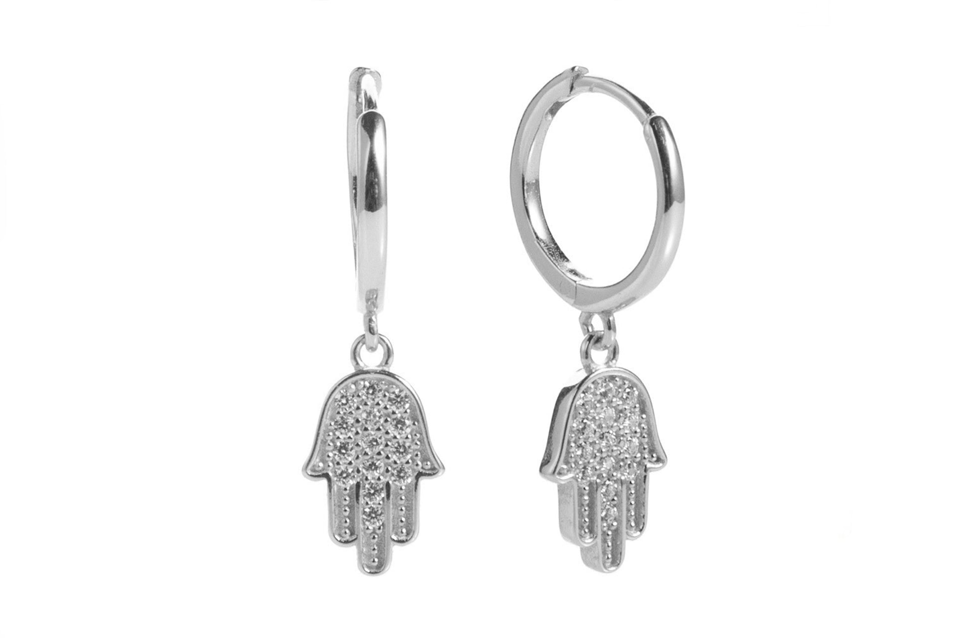 Platinum Plated Hamsa Hand Drop Earrings With White Zirconia Embellishment Primal Chakra