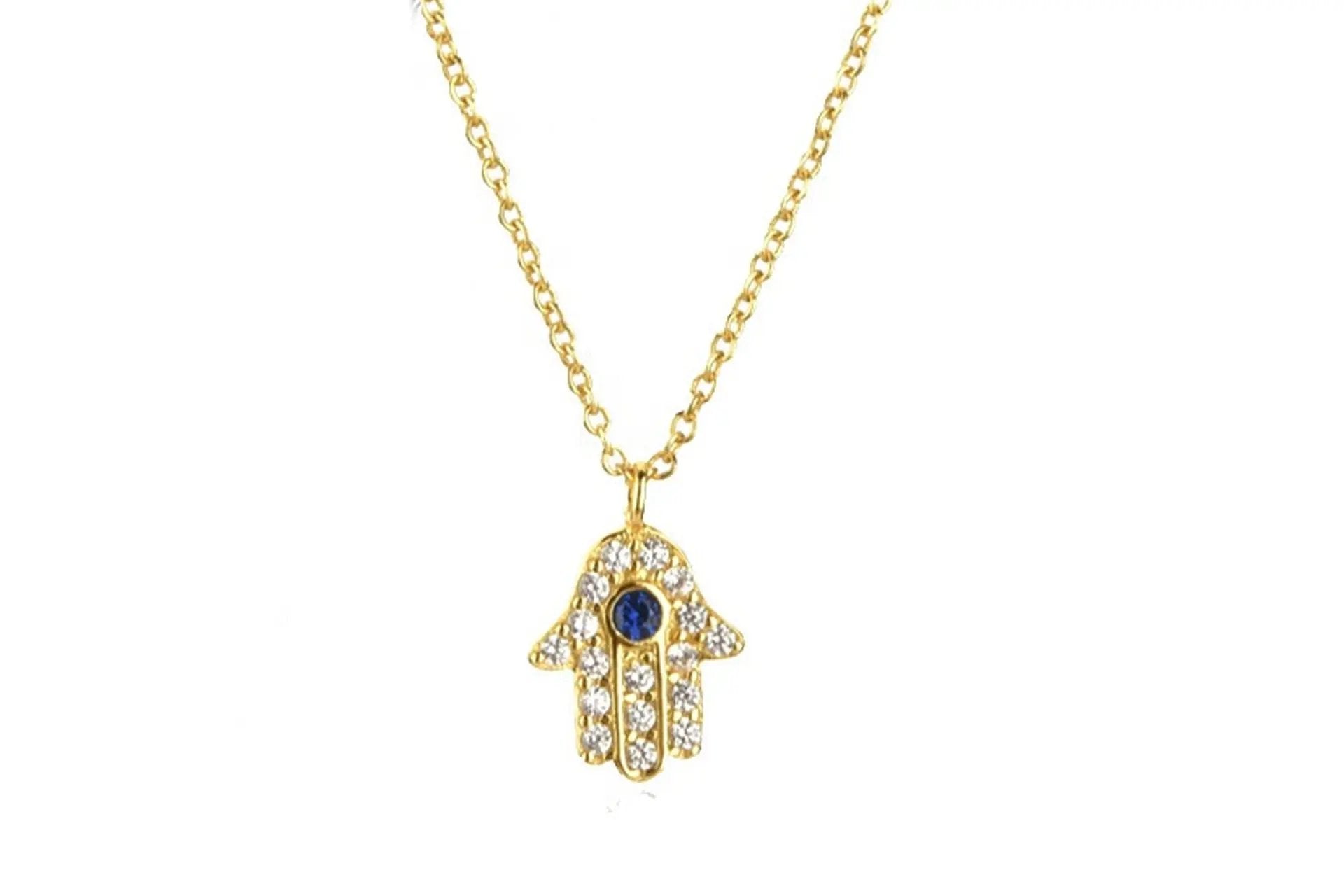 18K Gold Plated Hamsa Necklace With Blue Cubic Zirconia and White Zirconia Embellishment Primal Chakra