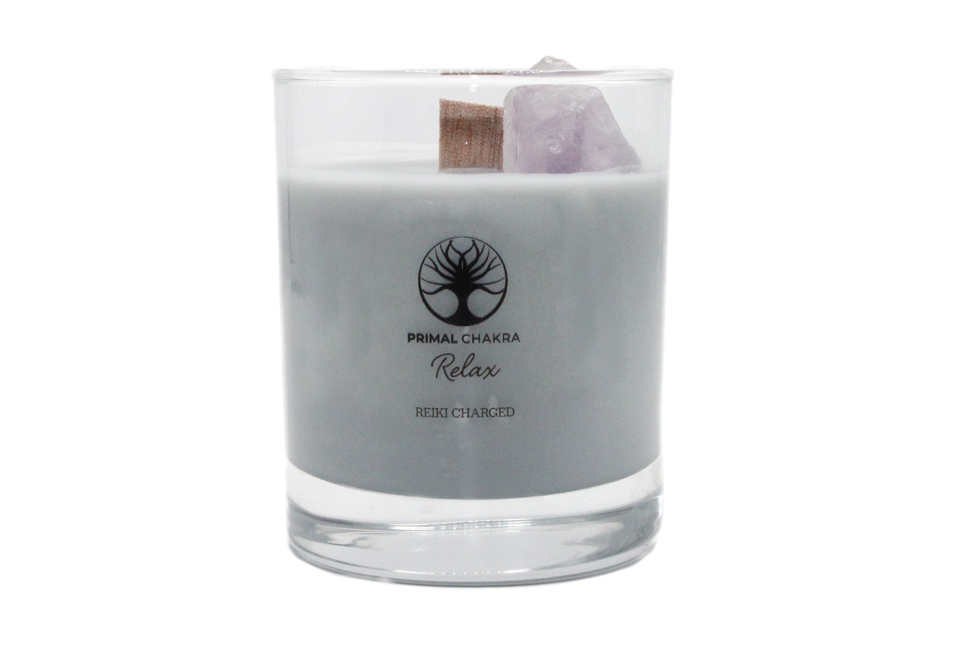 Relax 30cl Reiki Energy Charged Scented Candle with Purple Amethyst Crystal  - Spa Range Primal Chakra