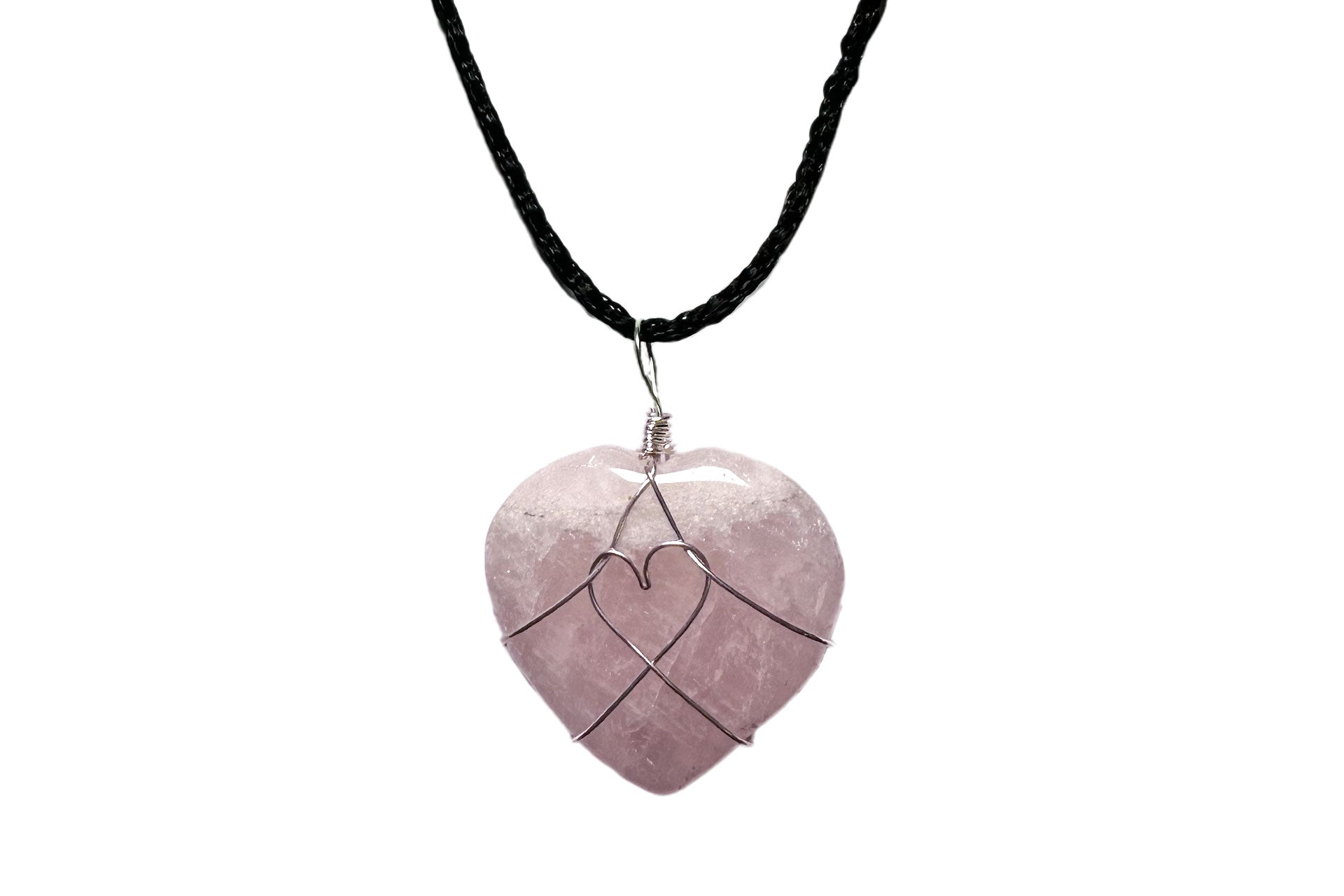 Rose Quartz Heart Pendant with Black Fabric Cord Primal Chakra
