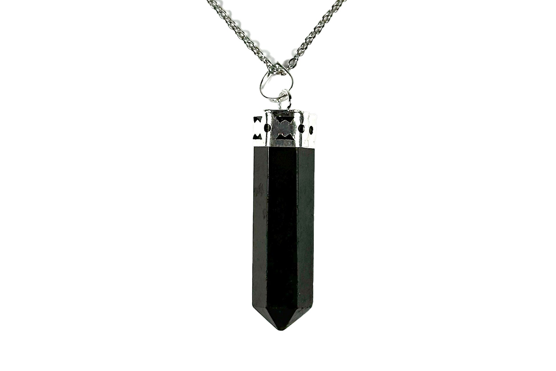 Black Tourmaline Crystal Dagger Pendant with Silver Chain Primal Chakra