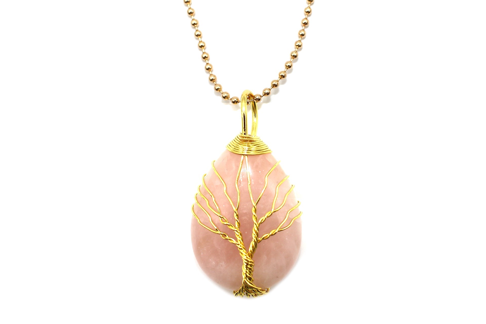 Rose Quartz Crystal Tree Of Life Pear Pendant with Golden Chain Primal Chakra