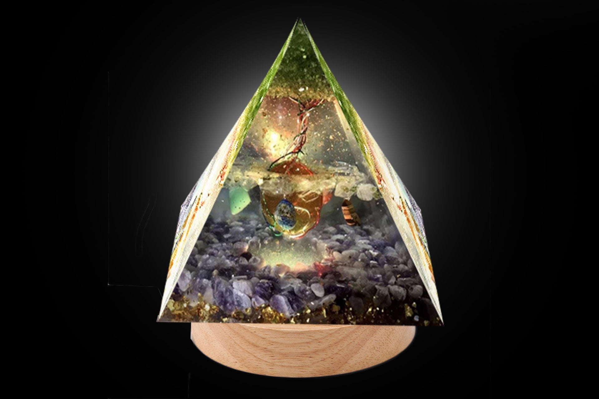 Orgone Pyramid LED Light Wooden Base | Primal Chakra