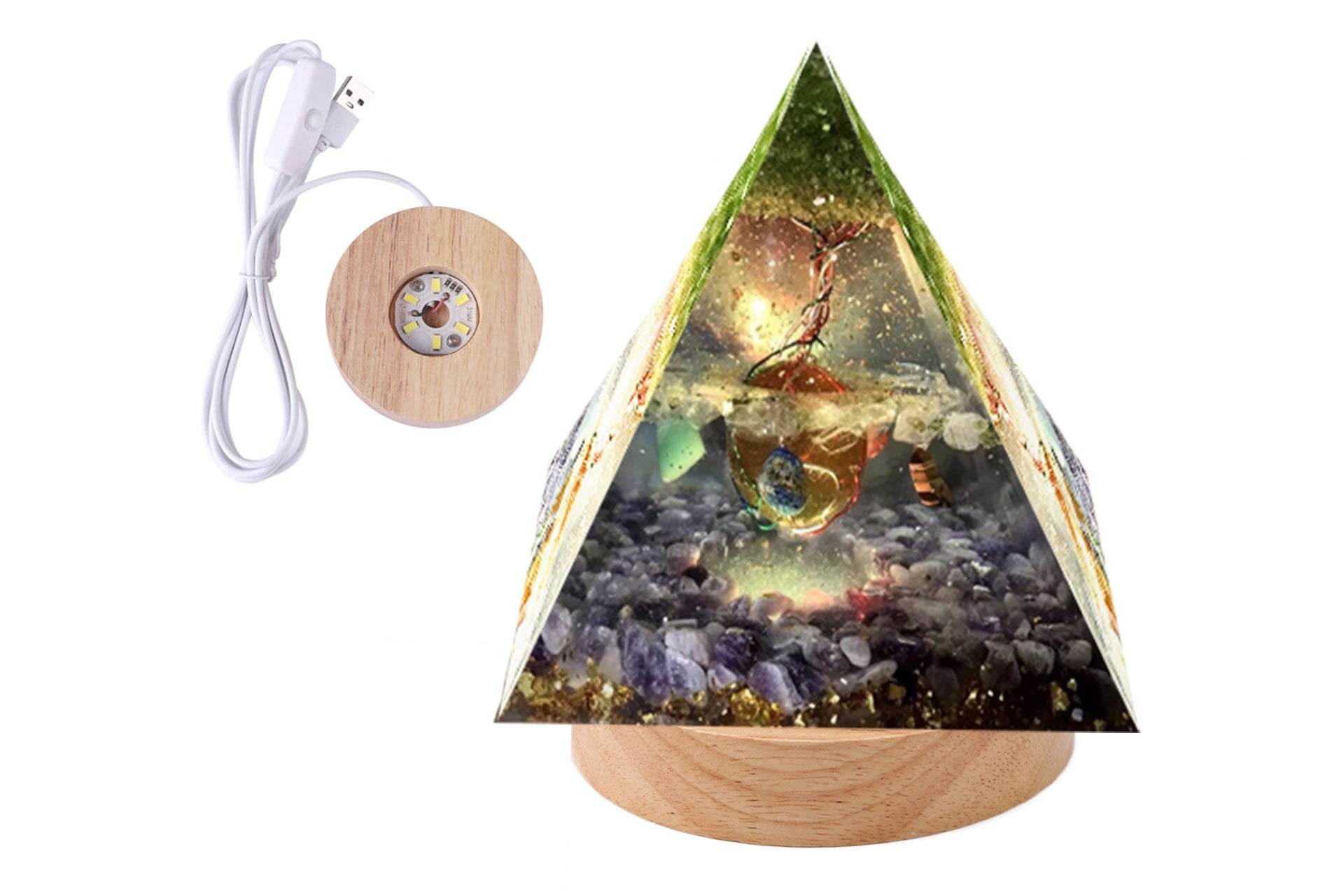 Orgone Pyramid LED Light Wooden Base | Primal Chakra