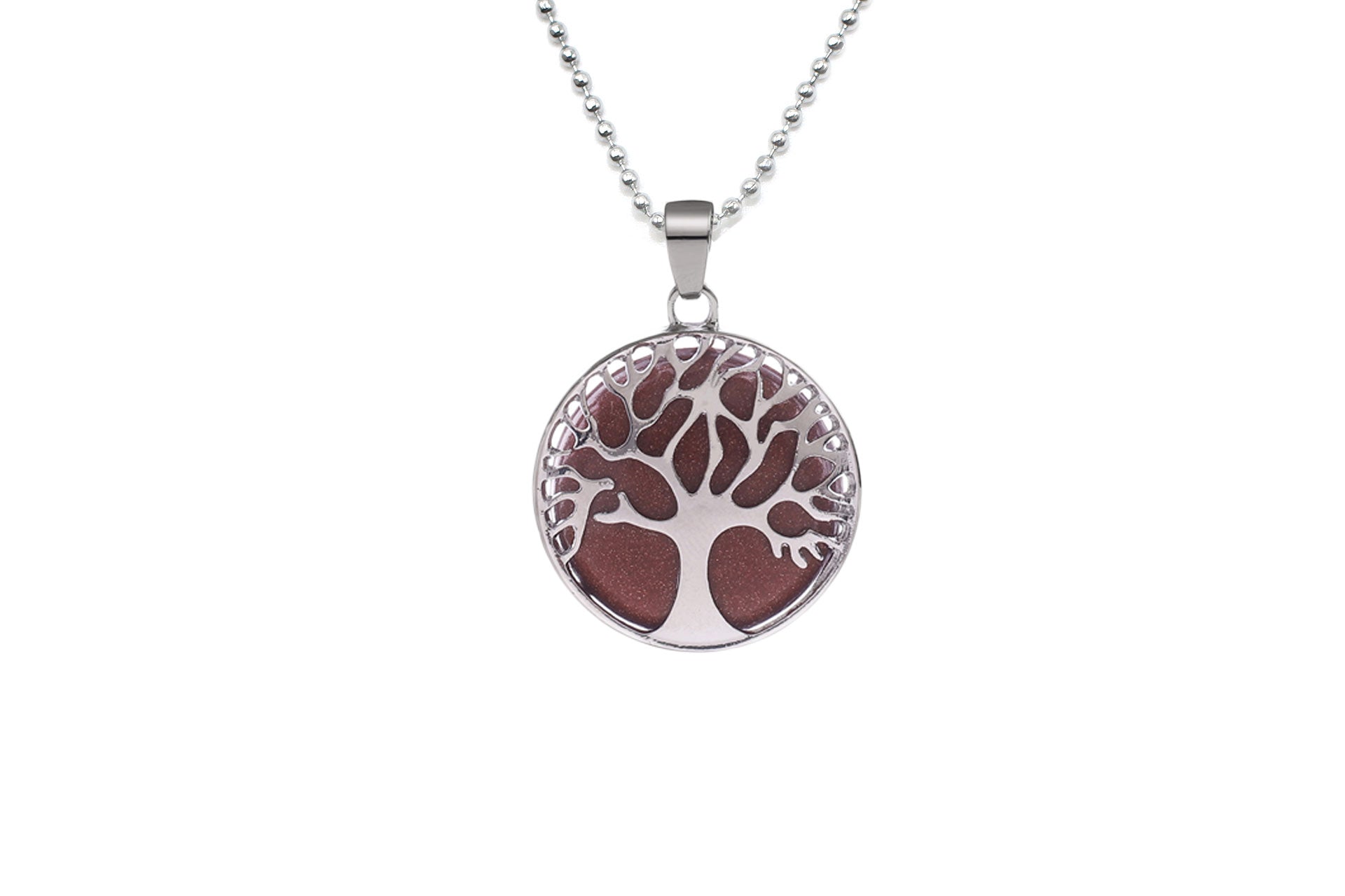 Brown Goldstone Round Tree Of Life Pendant with Silver Chain Primal Chakra