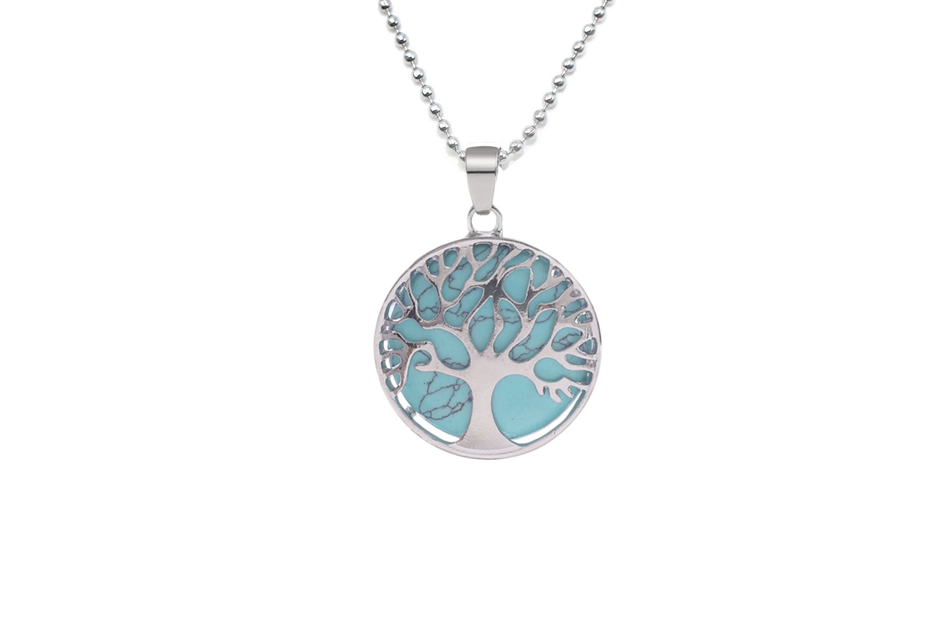 Blue Turquoise Round Tree Of Life Pendant with Silver Chain Primal Chakra