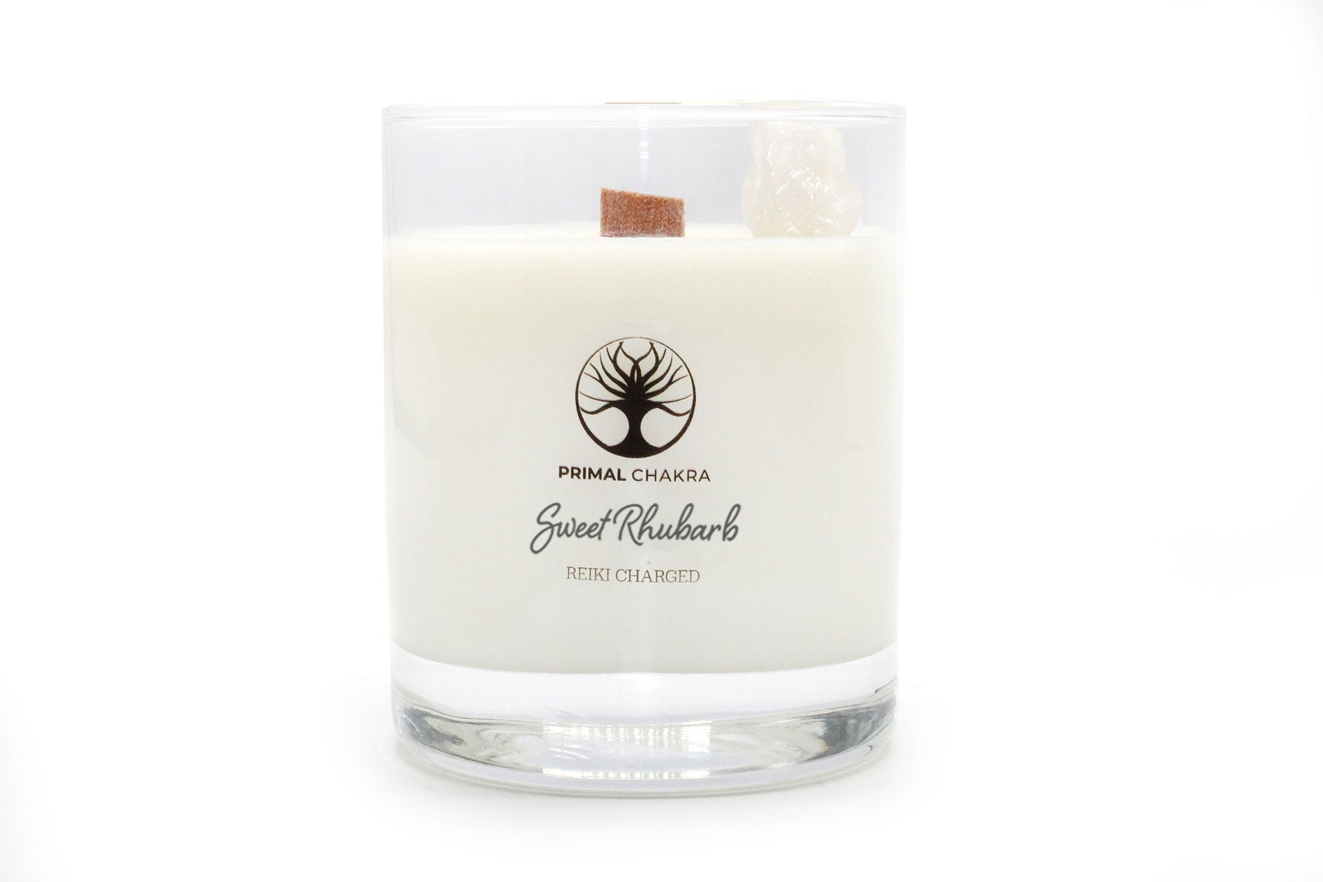 Sweet Rhubarb 30cl Reiki Energy Charged Scented Candle with Raw Clear Quartz Crystal Primal Chakra